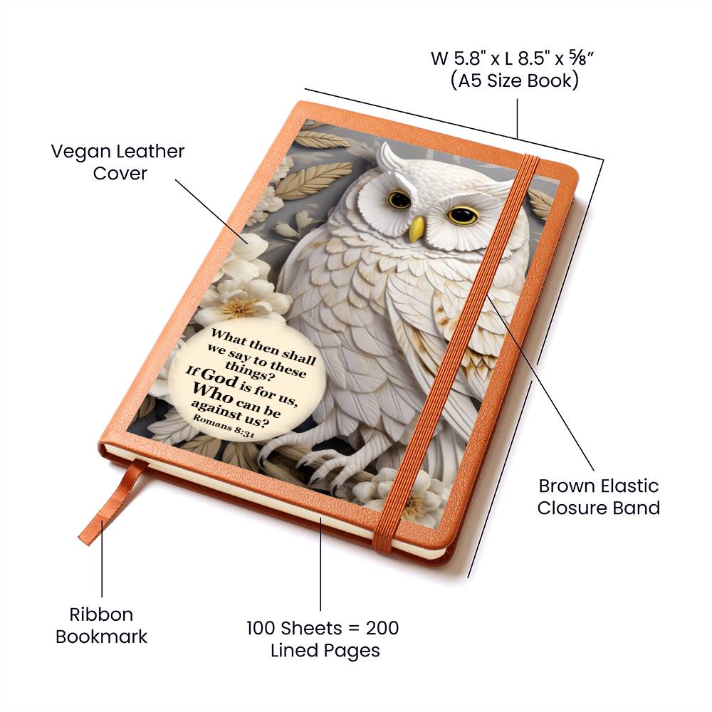 Owl With Bible Verse Leather Journal - Who Can Be Against Us