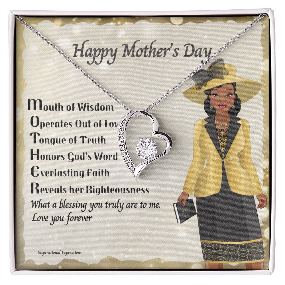 African American Mother Acronym Message Card Mother's Day Forever Love Heart Necklace