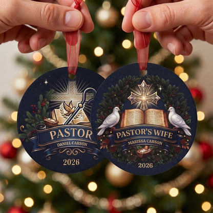 Pastor and Pastor's Wife Personalized Ornament With Christian Christmas Elements