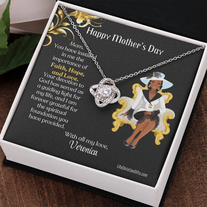 Personalized African American Mother's Day Card - Love Knot Necklace - Faith Hope Love