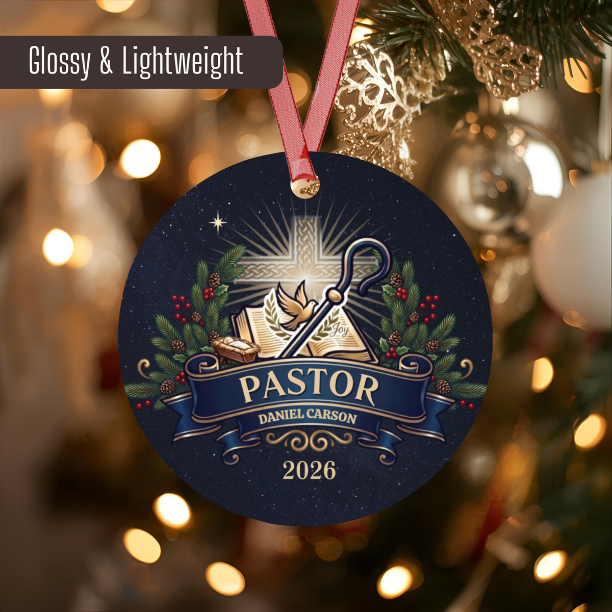 Pastor and Pastor's Wife Personalized Ornament With Christian Christmas Elements