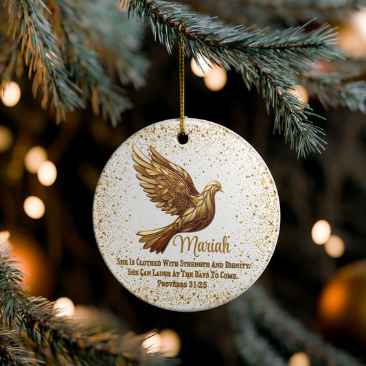 Bible Verse Personalized Ceramic Christmas Ornament With Gold Dove