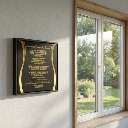 A pastor's appreciation framed plaque on a church wall with a window in the background