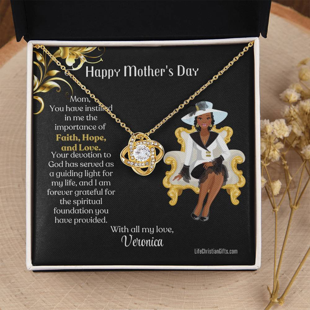 Personalized African American Mother's Day Card - Love Knot Necklace - Faith Hope Love