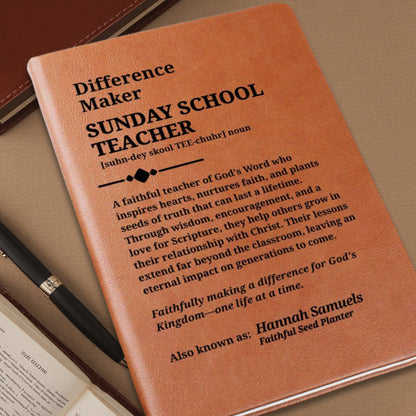 Difference Maker - Sunday School Teacher Personalized Vegan Leather Journal For Bible Study or Prayer Notebook