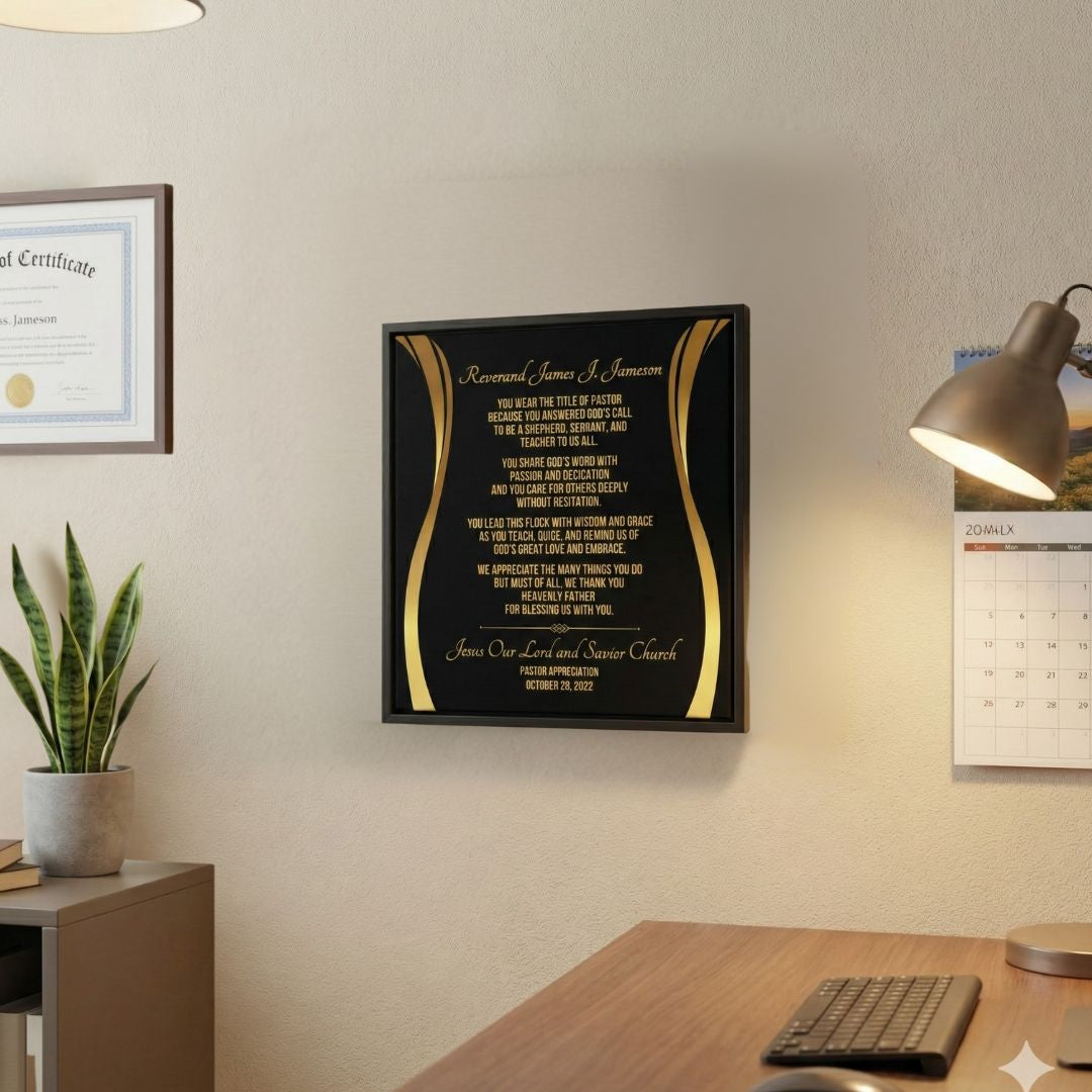 Framed canvas gift for pastor appreciation. The 20x20 plaque is on the wall in an office setting.