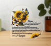 Personalized Heart Shaped Acrylic desk Plaque with Christian faith message to Mom. The clear acrylic plaque features butterflies and sunflowers with a signature line at the bottom for gift givers name.