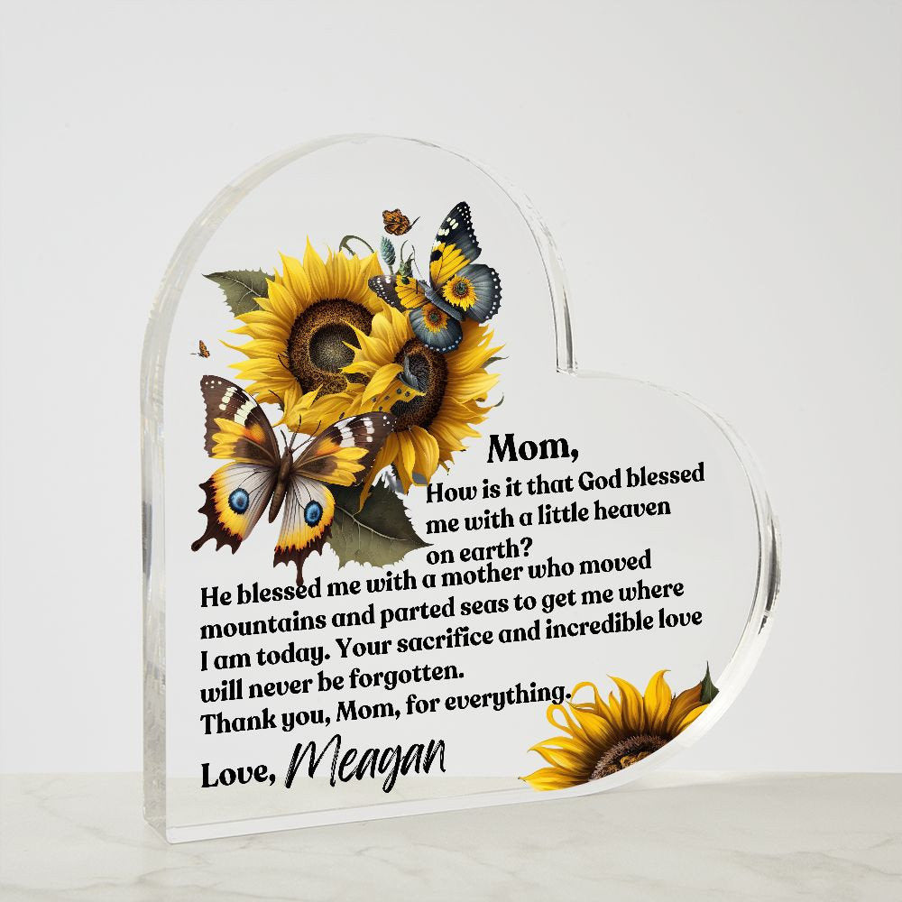 Personalized Mom Acrylic Heart Keepsake Plaque - Butterfly Sunflower