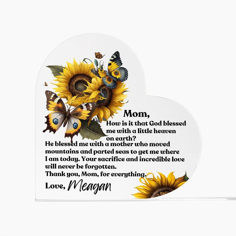 Personalized Mom Acrylic Heart Paperweight Keepsake - Butterfly Sunflower