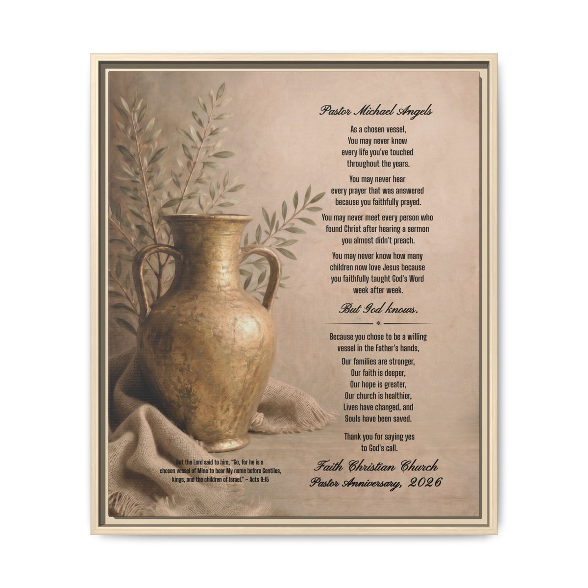 Personalized Pastor Appreciation Canvas Wall Art, Pastor Anniversary Gift | Chosen Vessel