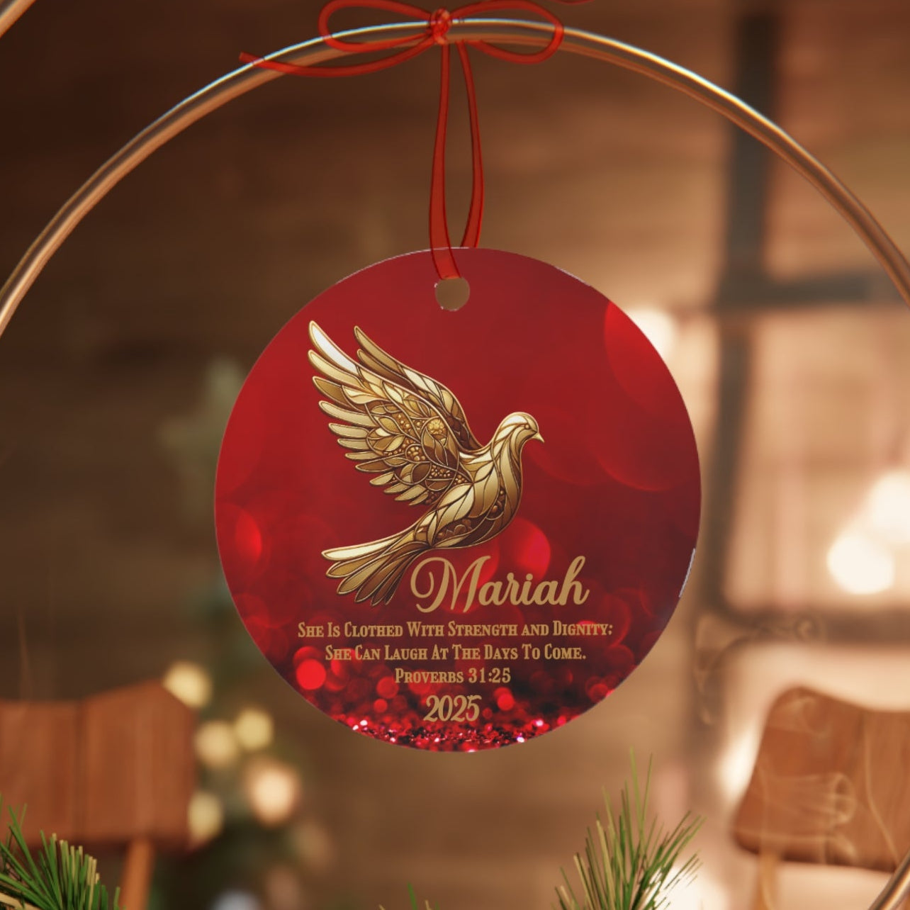 Gold Dove Bible Verse Personalized Christmas Metal Ornament