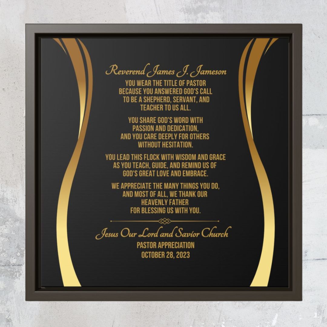 Pastor appreciation or anniversary framed wall plaque with gold text and gold elements on a black background.