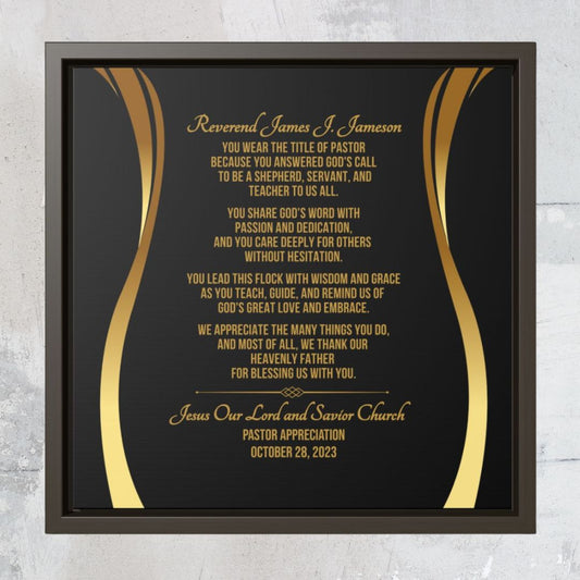 Pastor appreciation or anniversary framed wall plaque with gold text and gold elements on a black background.