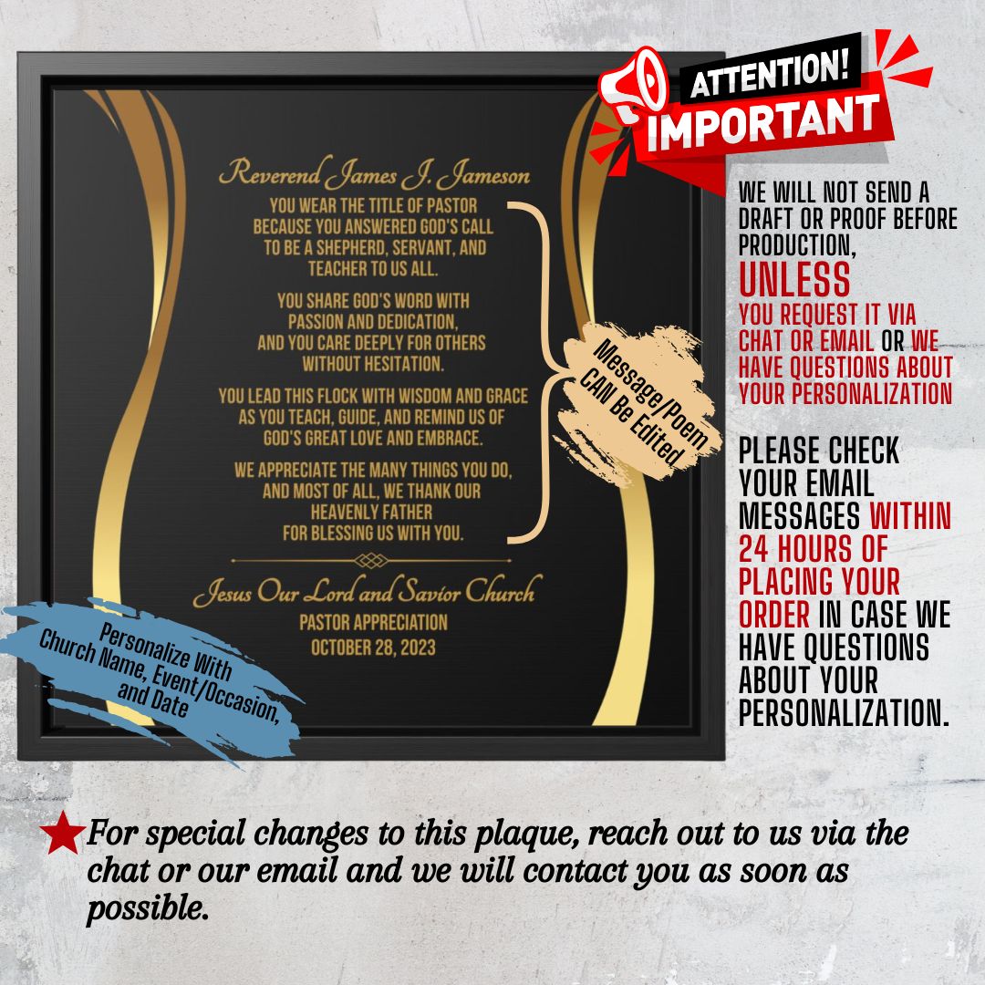 Plaque with text and hand design on a gray background with personalization questions answered.