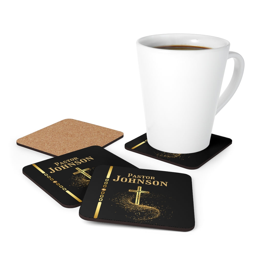 Personalized coaster set with Pastor name and gold cross