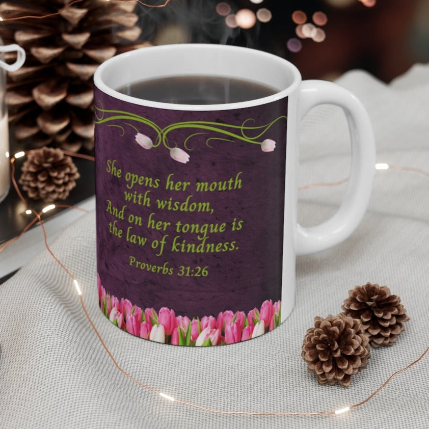 Bible Verse Proverbs 31:26 Woman of God Mug, Mother's Day Cup With Tulips