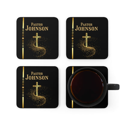 Personalized Pastor's Name Black and Gold Cross Corkwood Coaster Set