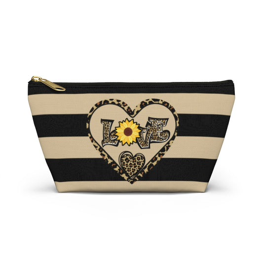 Love Leopard Print With Sunflower And Hearts Zipper Pouch | Cosmetic Accessory Bag