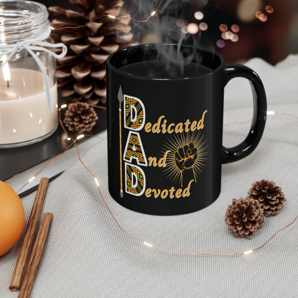 Kente Style Dedicated and Devoted Dad Acronym Mug, Black Coffee Cup For Father's Day
