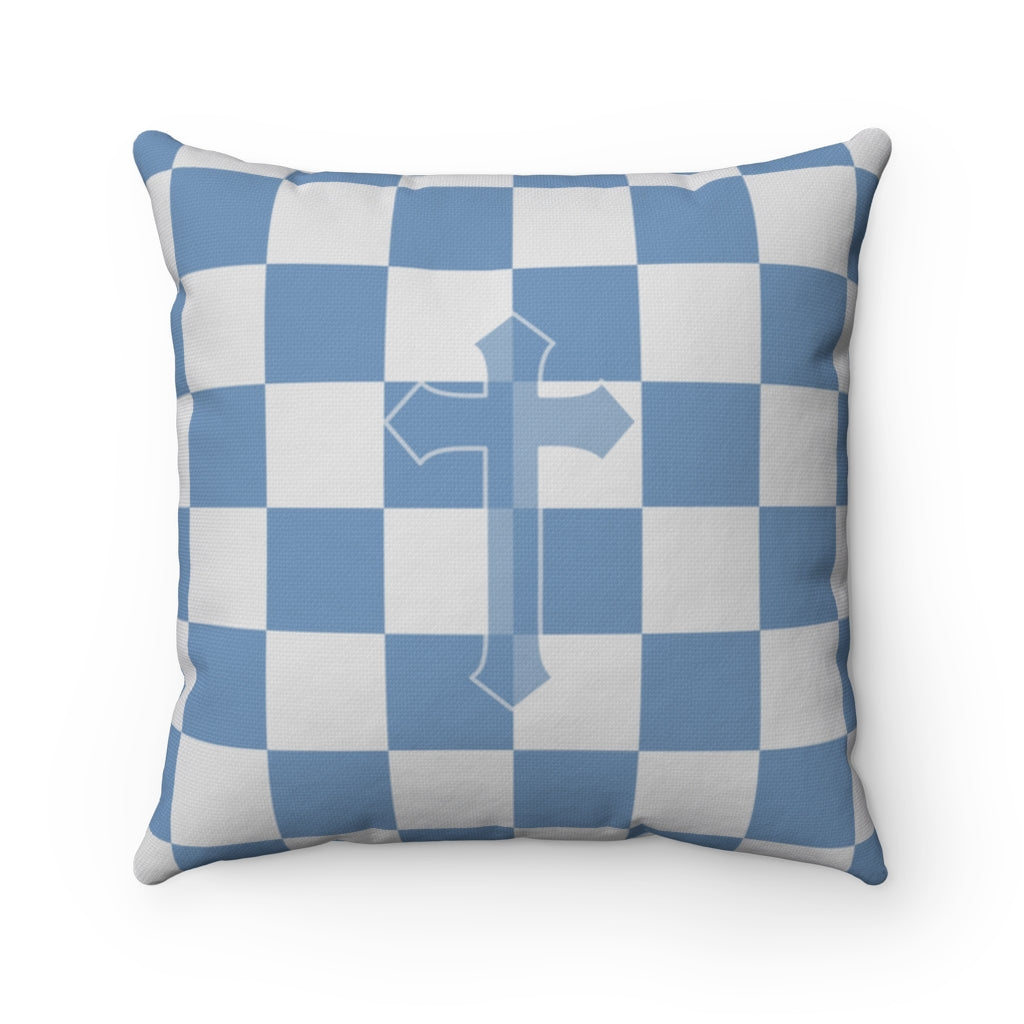 Plaid soft blue and white throw pillow with cross