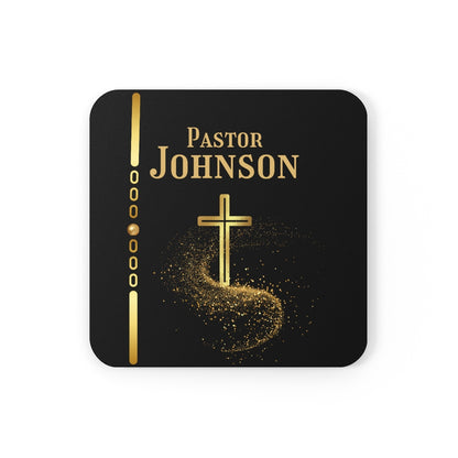 Personalized Pastor's Name Black and Gold Cross Corkwood Coaster Set