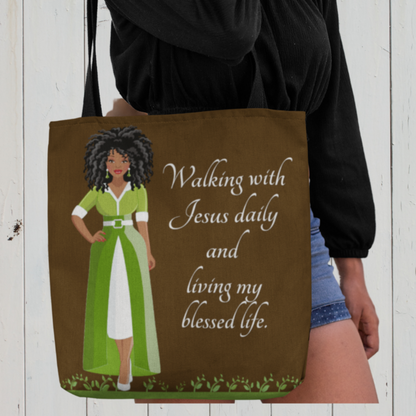 Walking With Jesus And Living My Blessed Life brown Christian quote tote bag. Features girl in green and white dress with quote next to her.