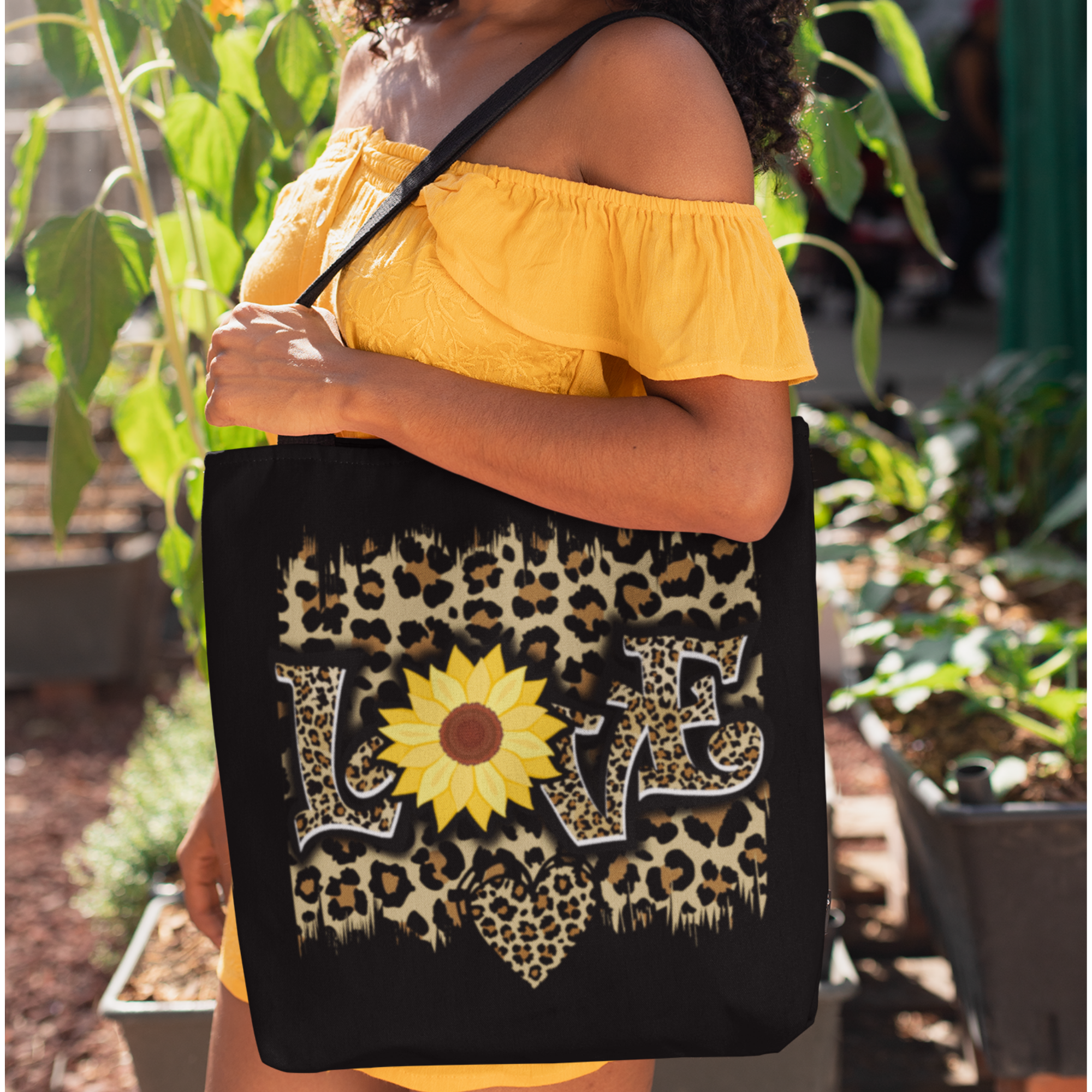 Love Leopard and Sunflower Print Tote Bag