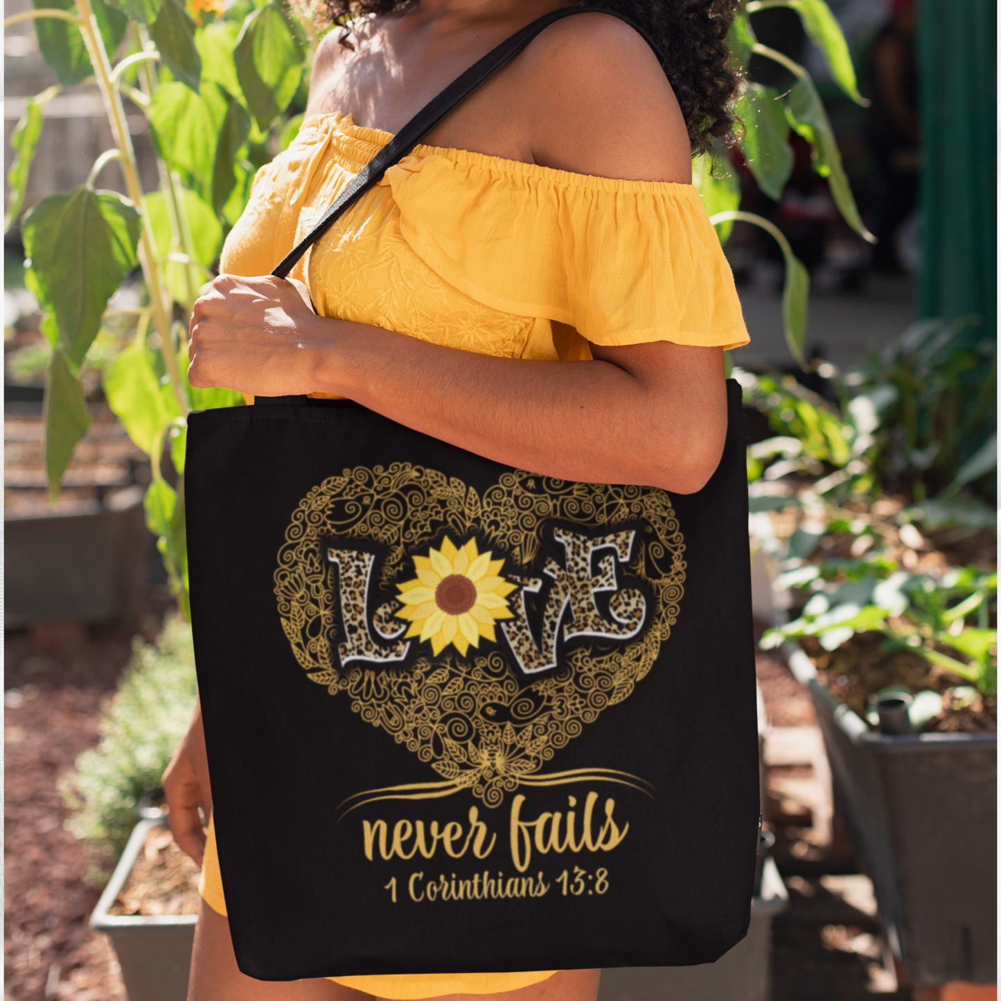 Love Never Fails Leopard Print With Sunflower Christian Bible Verse Tote Bag