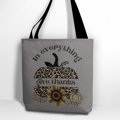 In Everything Give Thanks Christian Inspired Tote with leopard pumpkin and quote. Available in fall colors of cream or greay.