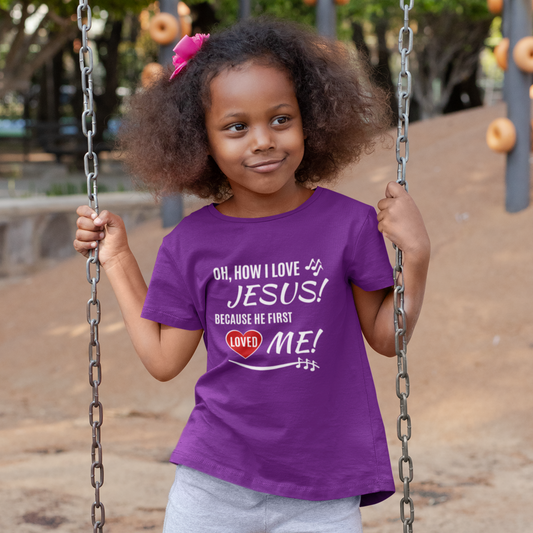 Oh, How I love Jesus kids purple t-shirt with red heart and musical notes.