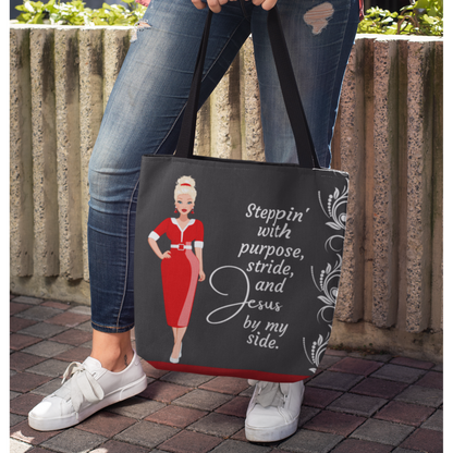 Steppin' With Purpose, Stride And Jesus By My Side Tote Bag, Christian Inspired Tote, Fun Inspirational Quote Tote Bag