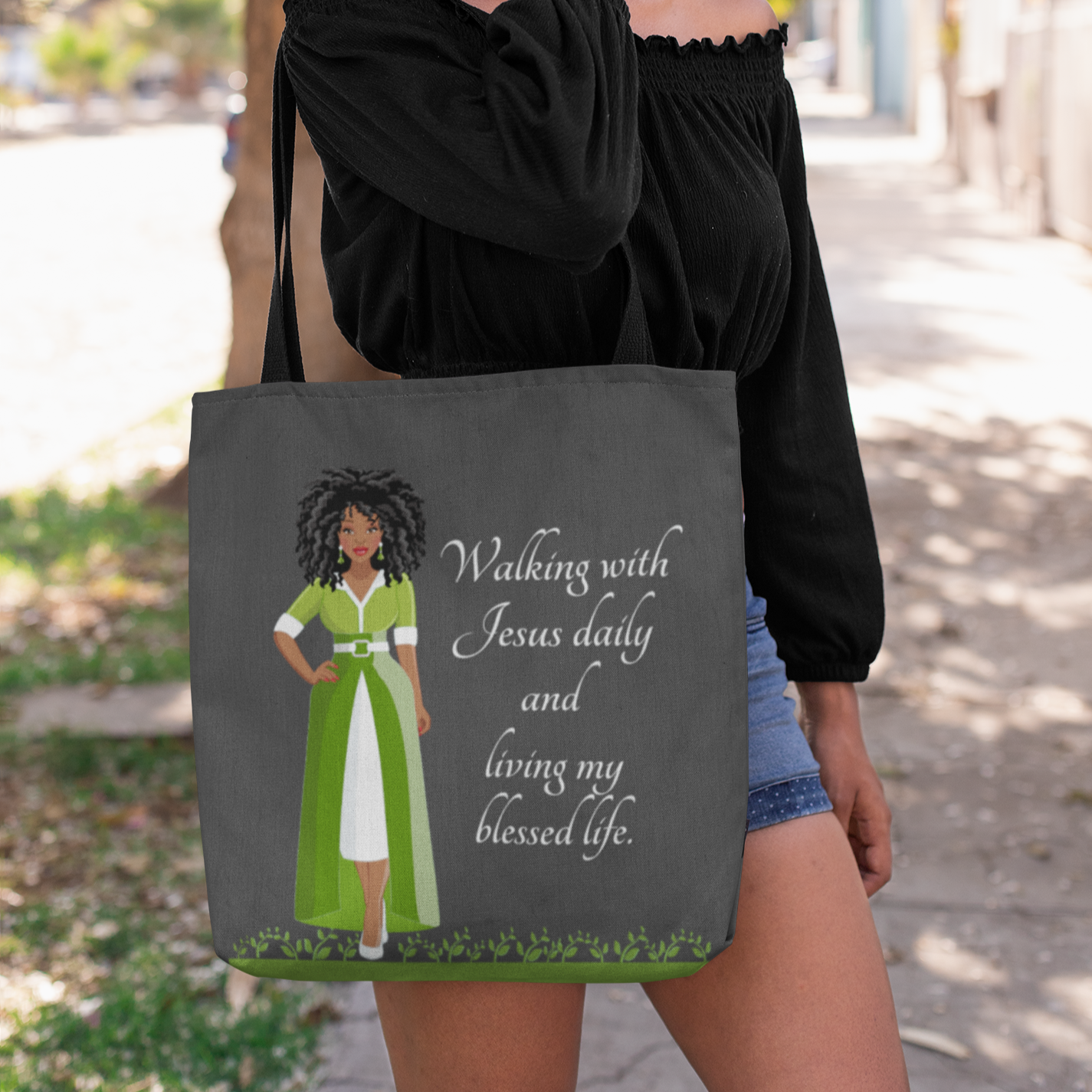 African American Woman Tote Walking With Jesus Daily And Living My Blessed Life Christian Faith Bag Religious Inspired Tote Bag