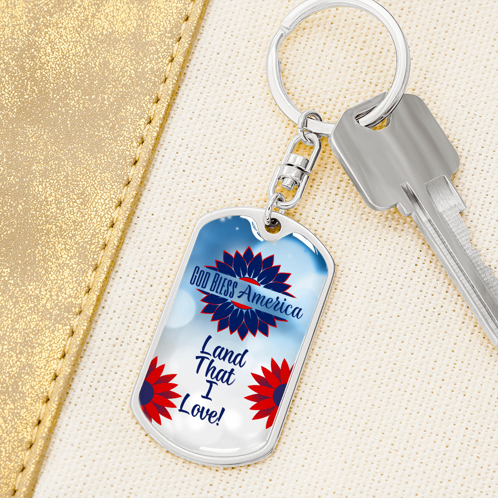 God Bless America Dog Tag Keychain - Red and Blue Flowers
