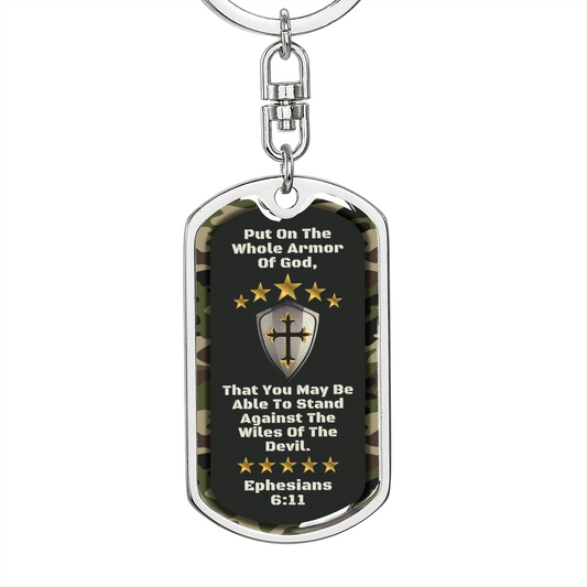 Put On The Whole Armor of God Bible Verse Camo Dog Tag Keychain