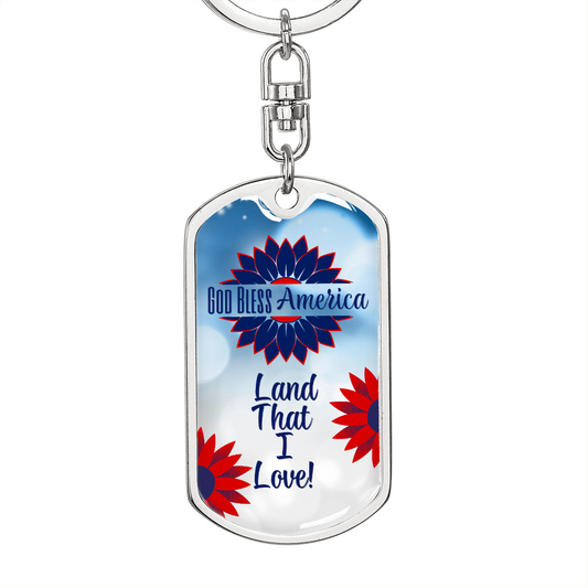 God Bless America Dog Tag Keychain - Red and Blue Flowers