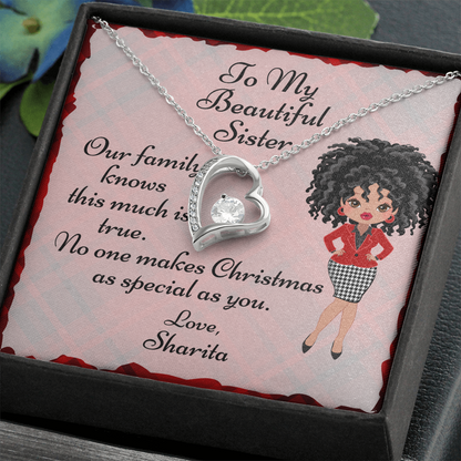 Personalized Christmas Card To Sister With Cubic Zirconia Heart Necklace - Plaid Skirt