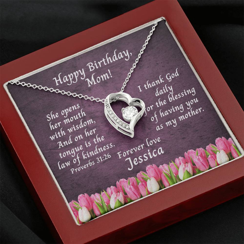 Cubic Zirconia Heart, Happy Birthday Mom Message Card - Proverbs 31:26