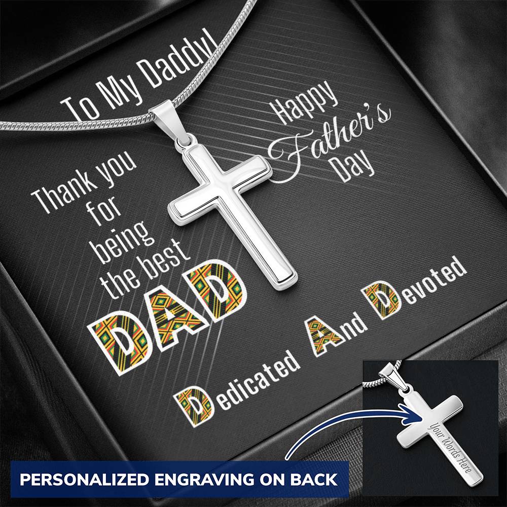 Father's Day Cross Necklace - Dedicated and Devoted Dad Kente Message Card