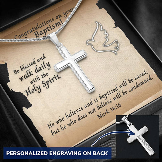 Personalized Cross Necklace and Baptism Message Card With Bible Verse Mark 16:16