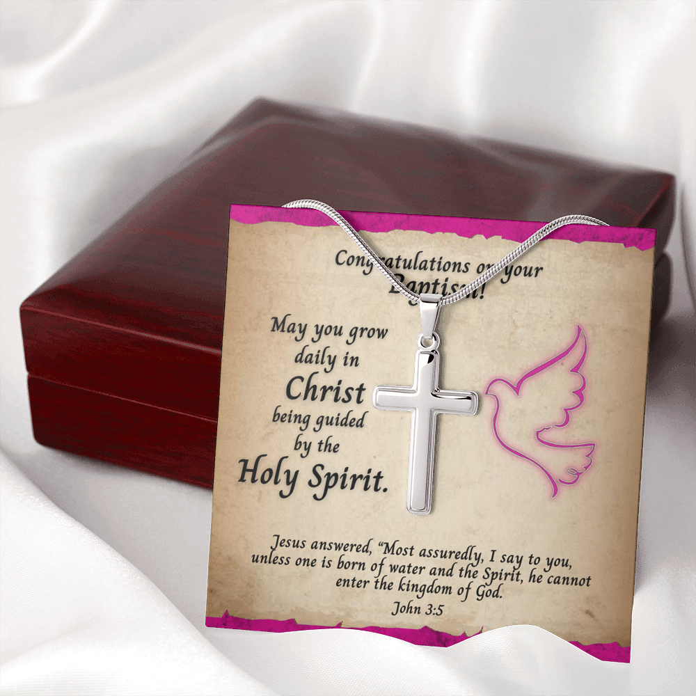 Personalized Cross Necklace and Baptism Message Card With Bible Verse John 3:5
