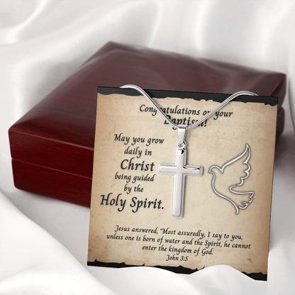 Personalized Cross With Baptism and Bible Verse Message Card Closed Mahogany Box