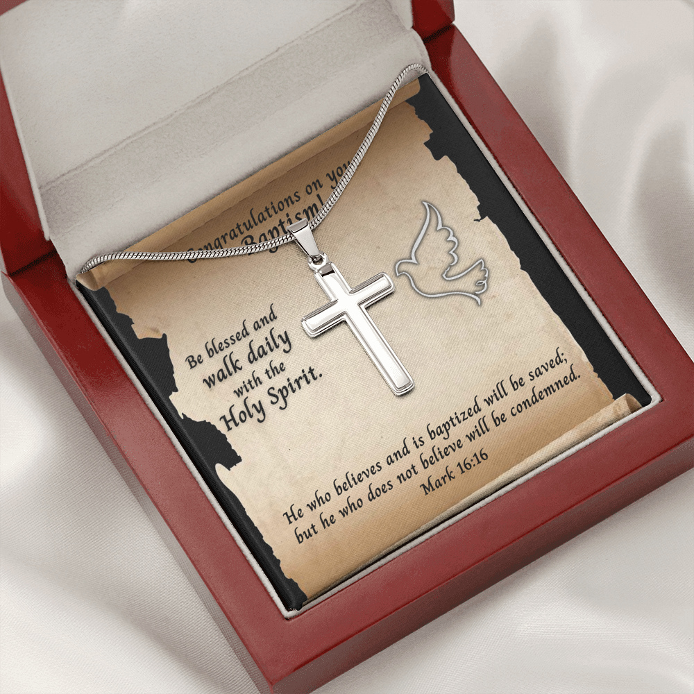 Personalized Cross Necklace and Baptism Message Card With Bible Verse Mark 16:16