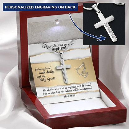 Personalized Cross Necklace and Baptism Card With Bible Verse Mark 16:16