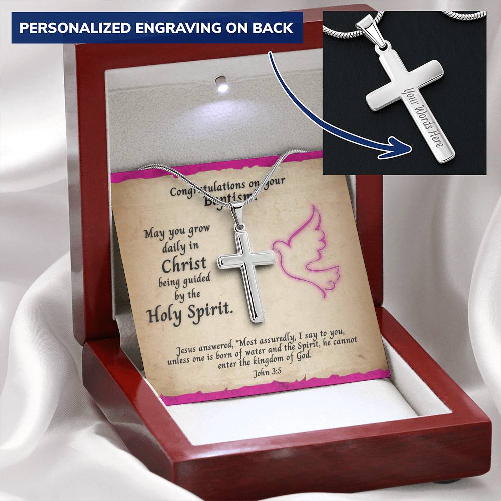 Personalized Cross Necklace and Baptism Message Card With Bible Verse John 3:5