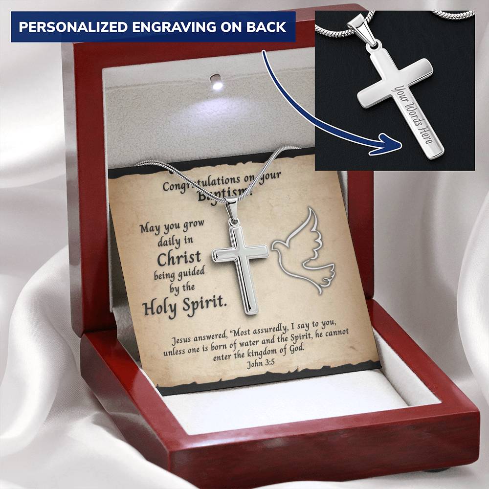 Personalized Cross With Baptism and Bible Verse Message Card Open Mahogany Box