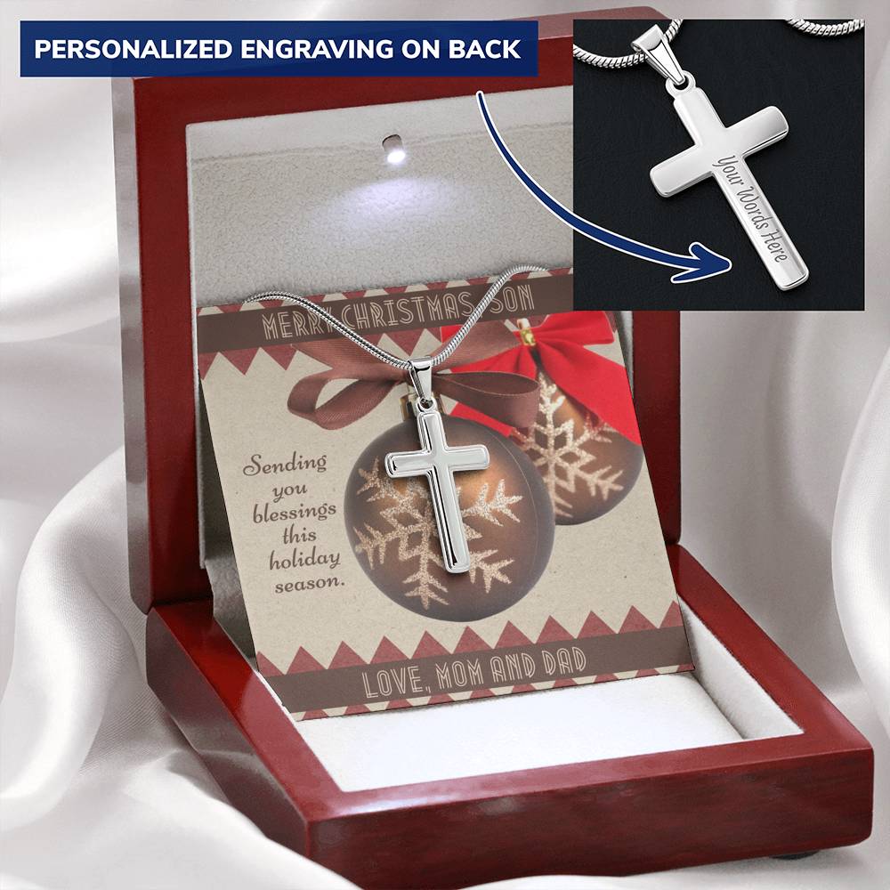 Christmas Blessings To Son From Mom and Dad Engraved Cross Necklace