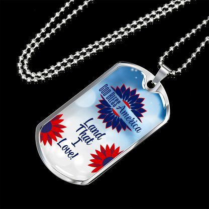 God Bless America Dog Tag Necklace - Red and Blue Flowers