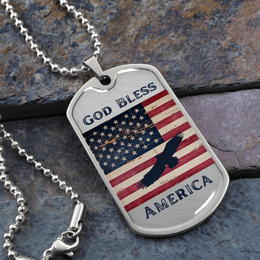 God Bless America Dog Tag Necklace - Flag and Eagle