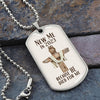 New Me In 2023 Because He Died For Me silver Dog Tag Necklace. Features a wooden cross with a crown of thorns on it with a cream background. Displayed in front of flat rocks..