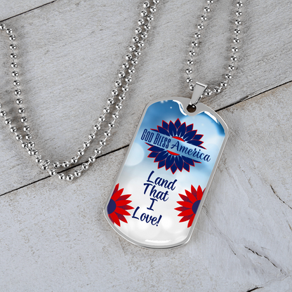God Bless America Dog Tag Necklace - Red and Blue Flowers